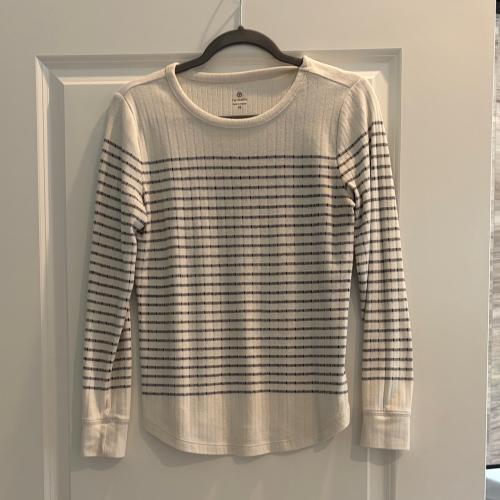 Talbots Ivory and Charcoal Striped Crew Neck Sweater
